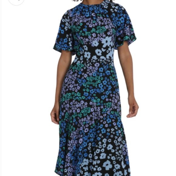 Maggy London NWT Floral Asymmetrical Tiered Midi Dress, Black and Blue - Size 8 - Picture 1 of 7